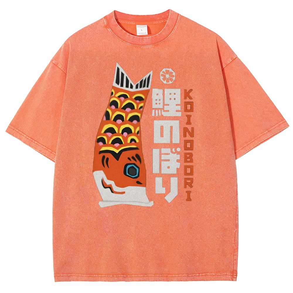 Unisex Japanese Koi Printed Washed Tee