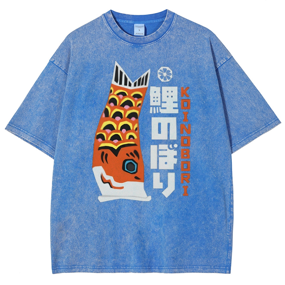 Unisex Japanese Koi Printed Washed Tee