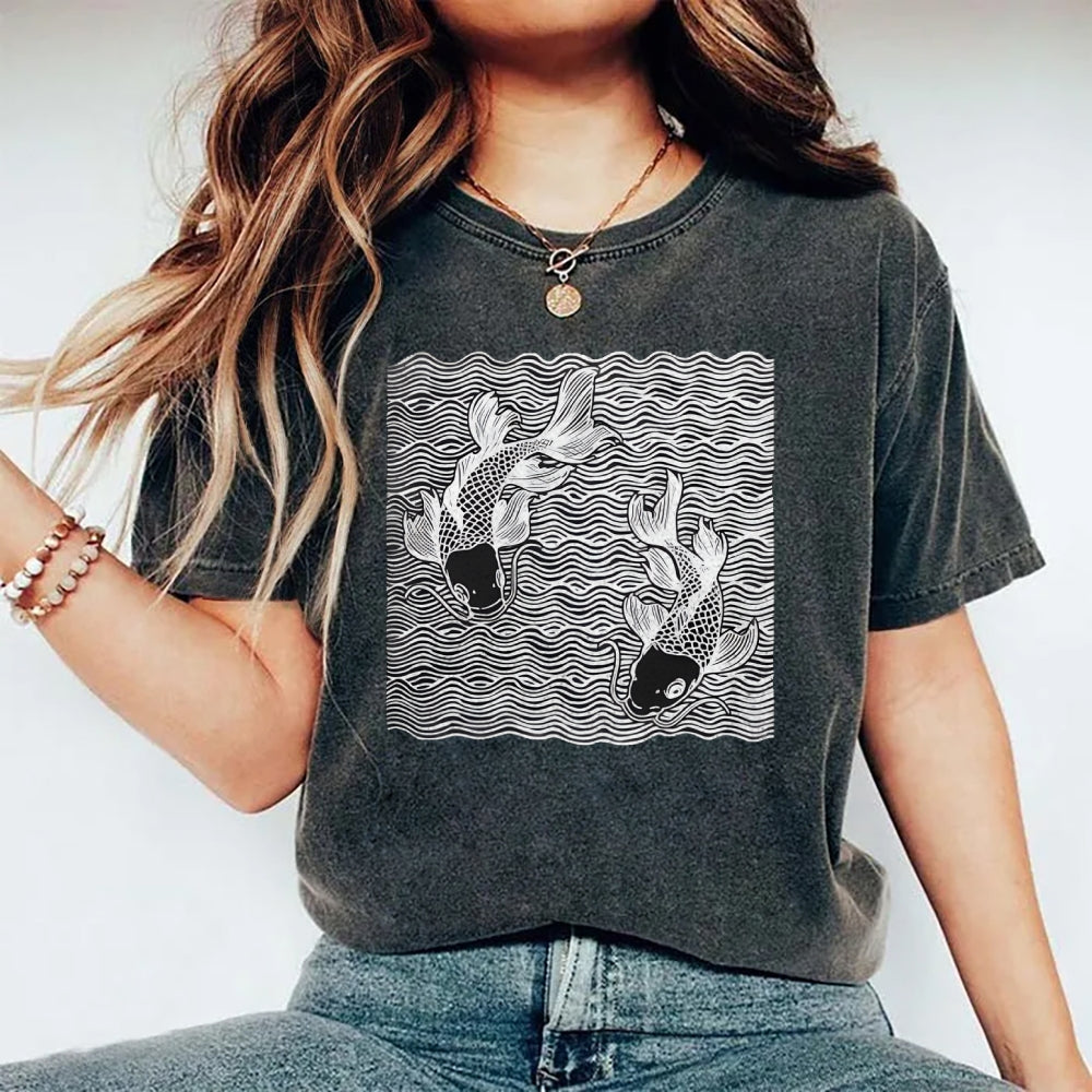 Unisex Waves Koi Printed Washed Tee