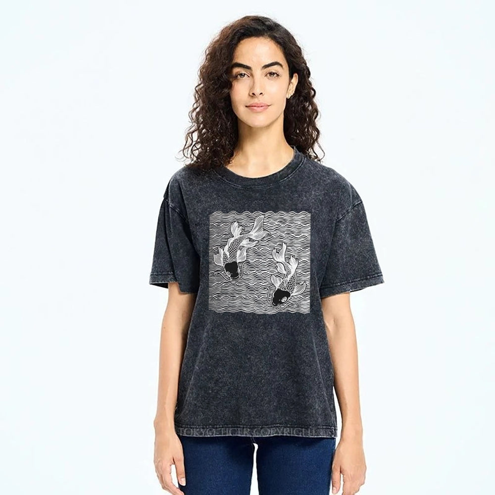 Unisex Waves Koi Printed Washed Tee