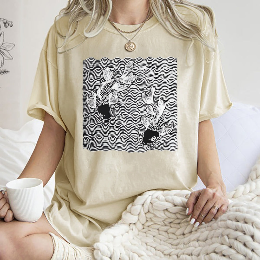 Unisex Waves Koi Printed Washed Tee