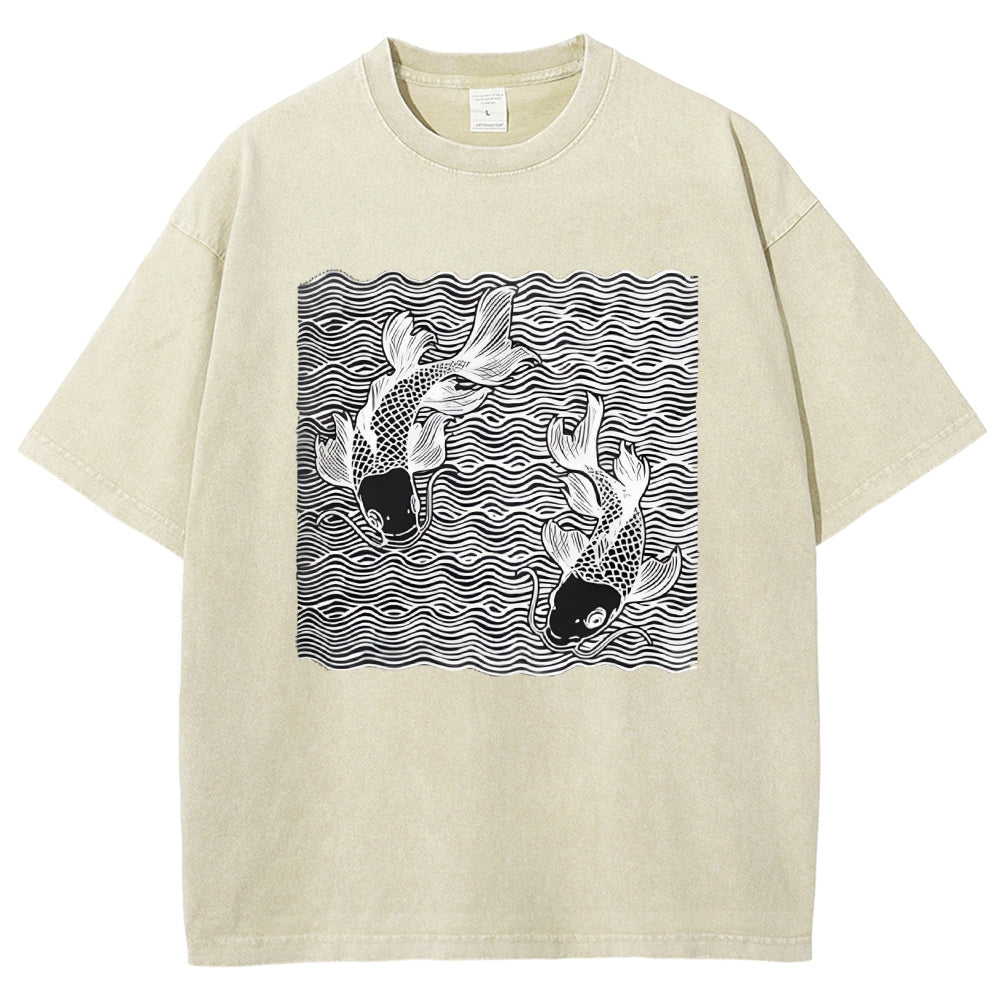 Unisex Waves Koi Printed Washed Tee