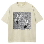 Unisex Waves Koi Printed Washed Tee