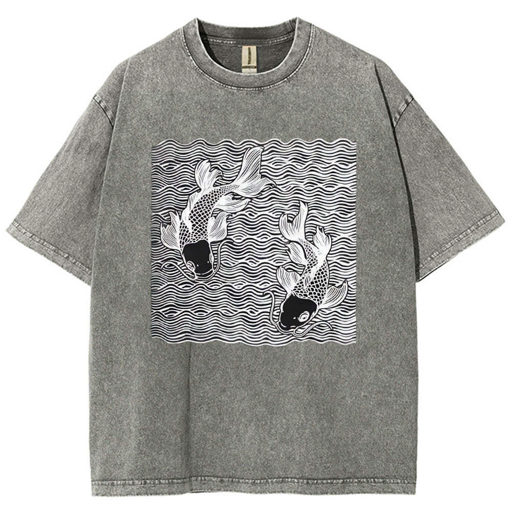 Unisex Waves Koi Printed Washed Tee