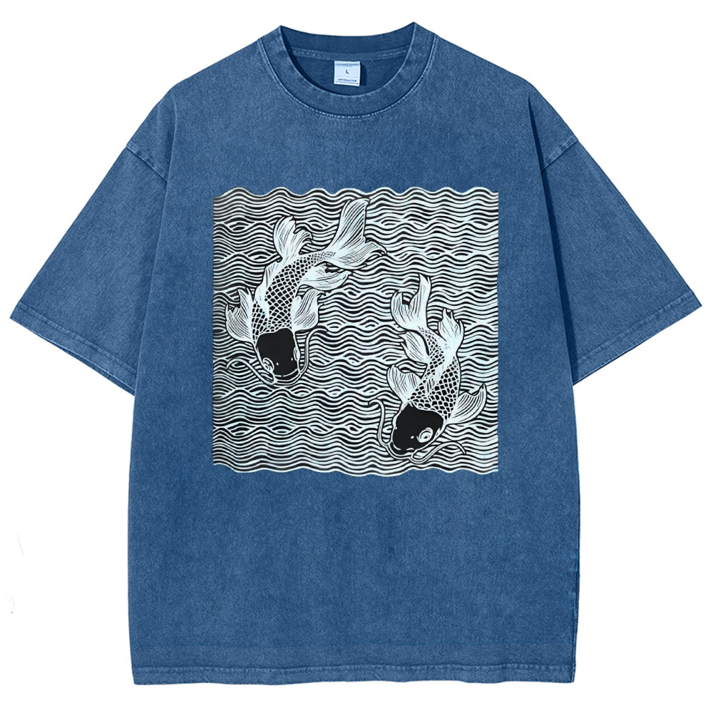 Unisex Waves Koi Printed Washed Tee