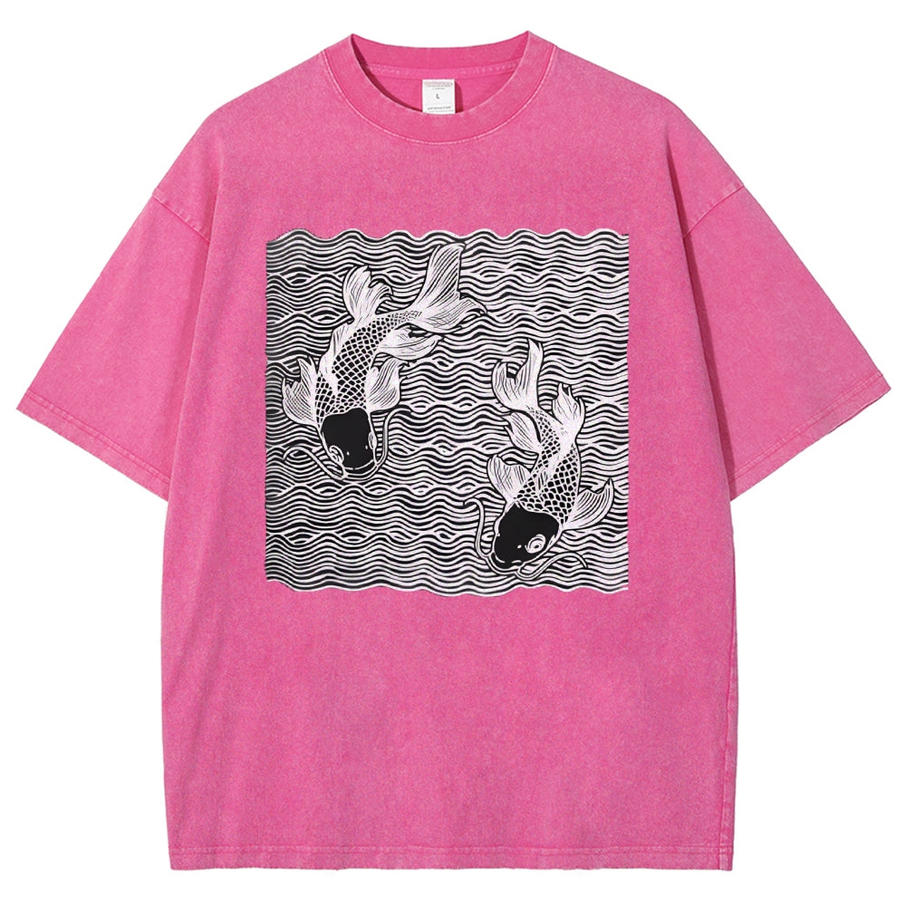 Unisex Waves Koi Printed Washed Tee