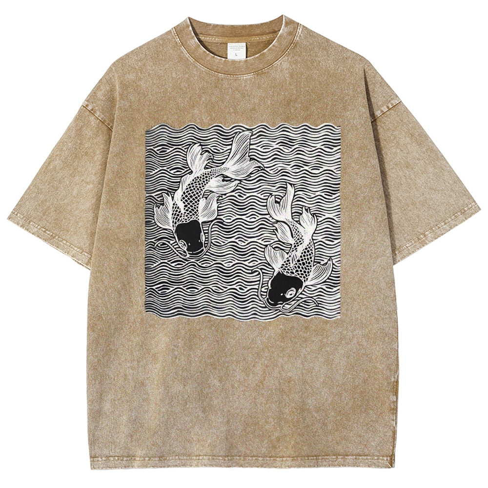 Unisex Waves Koi Printed Washed Tee