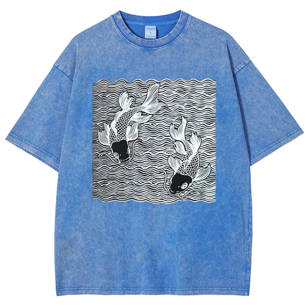 Unisex Waves Koi Printed Washed Tee
