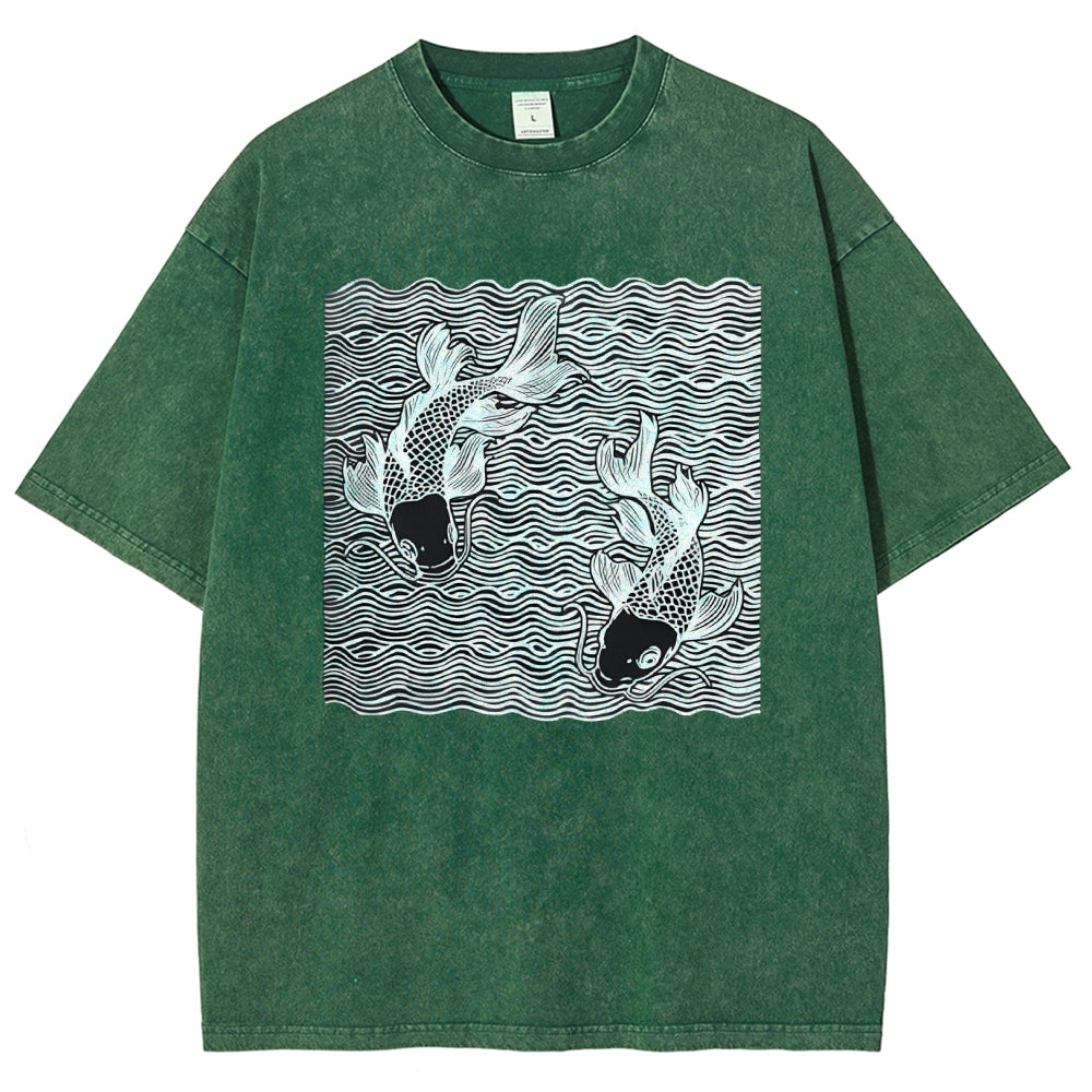 Unisex Waves Koi Printed Washed Tee