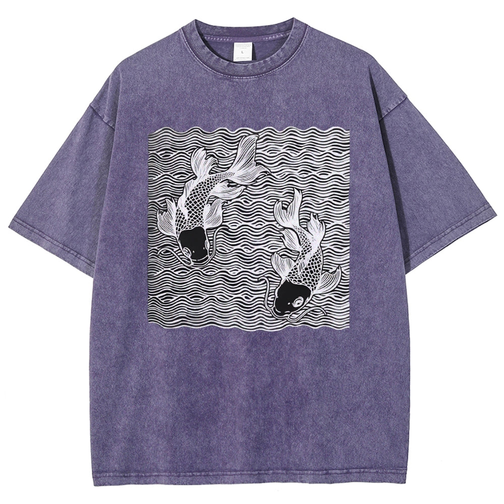 Unisex Waves Koi Printed Washed Tee