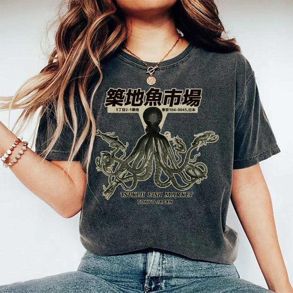Unisex Octopus Printed Washed Tee