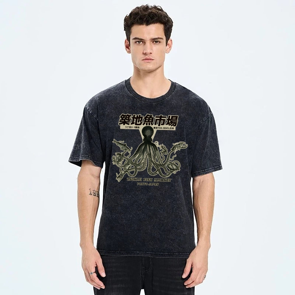Unisex Octopus Printed Washed Tee