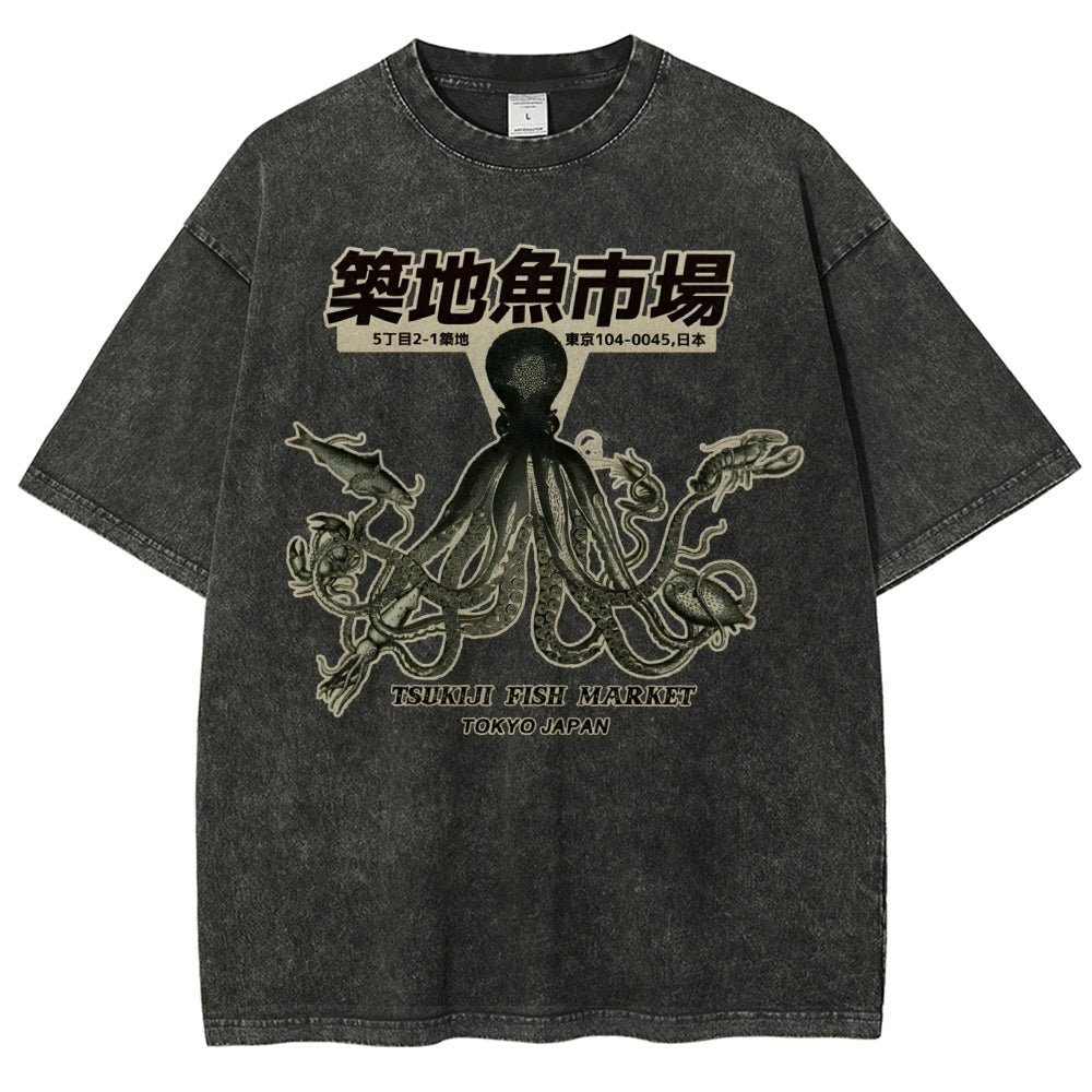 Unisex Octopus Printed Washed Tee