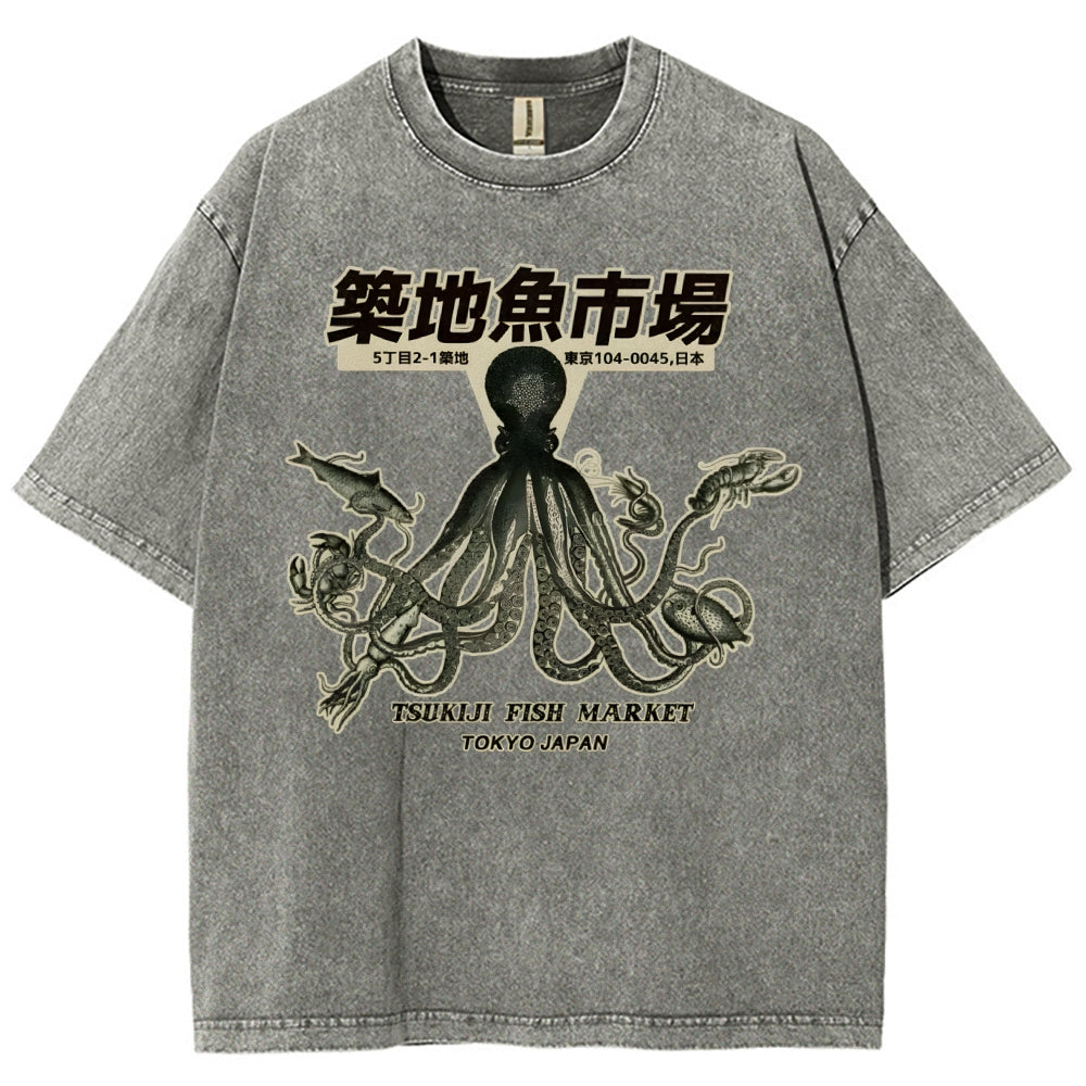 Unisex Octopus Printed Washed Tee