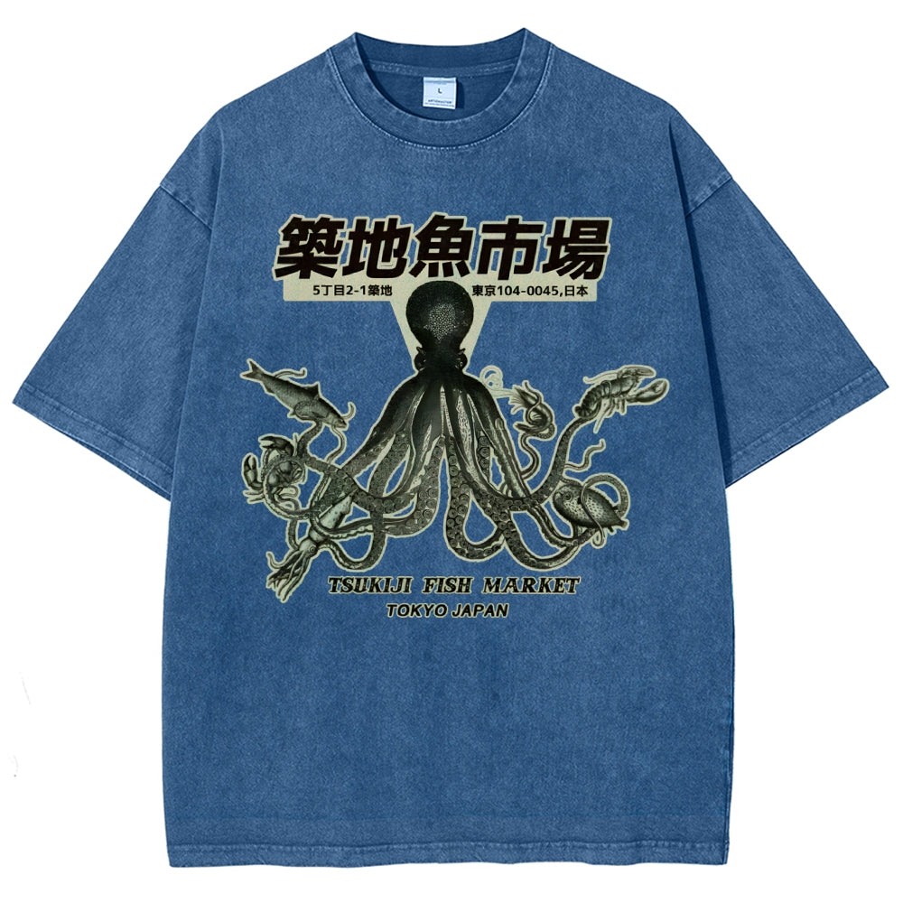 Unisex Octopus Printed Washed Tee