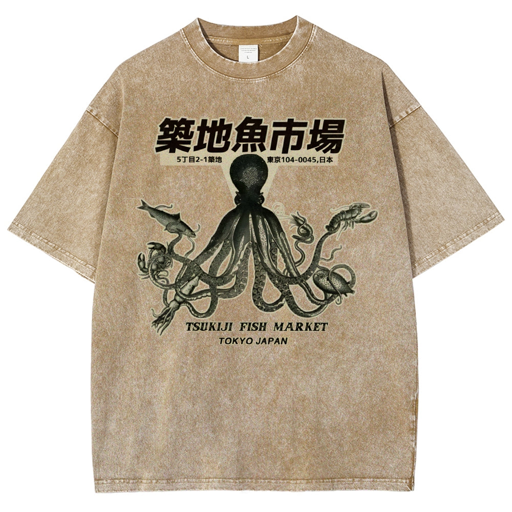 Unisex Octopus Printed Washed Tee