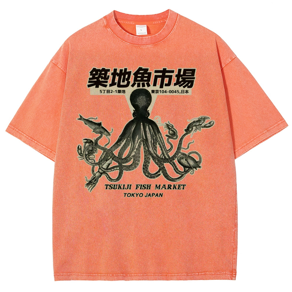 Unisex Octopus Printed Washed Tee