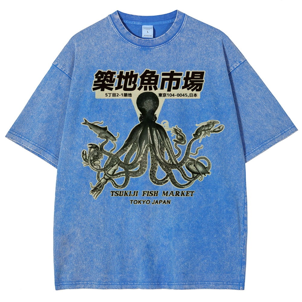 Unisex Octopus Printed Washed Tee