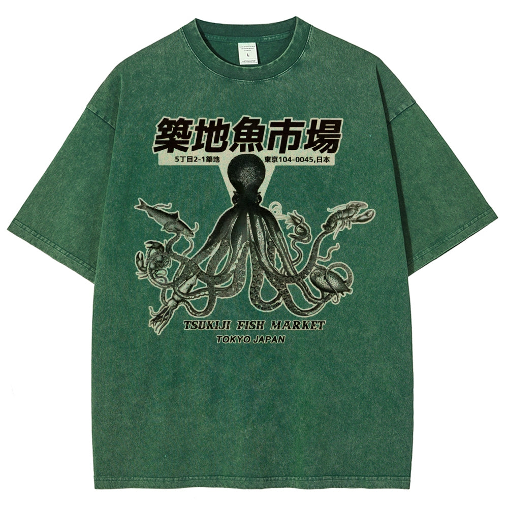 Unisex Octopus Printed Washed Tee