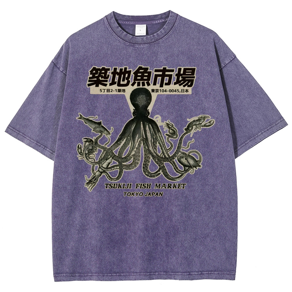 Unisex Octopus Printed Washed Tee
