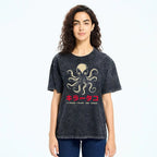 Unisex Japanese Octopus Printed Washed Tee