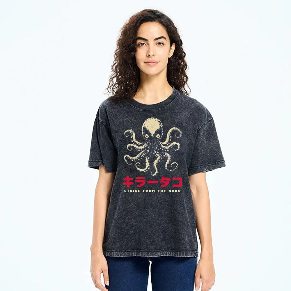 Unisex Japanese Octopus Printed Washed Tee
