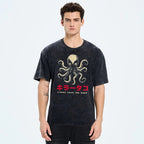 Unisex Japanese Octopus Printed Washed Tee