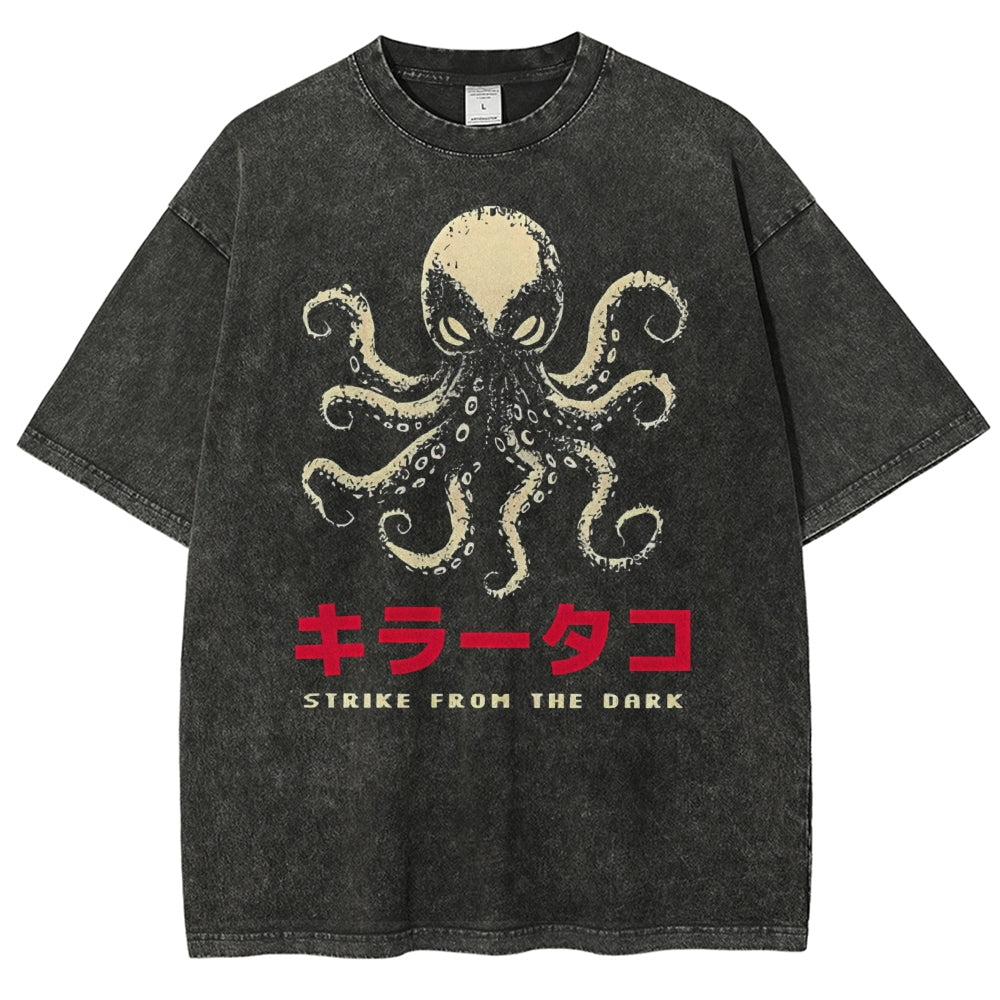 Unisex Japanese Octopus Printed Washed Tee
