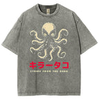 Unisex Japanese Octopus Printed Washed Tee