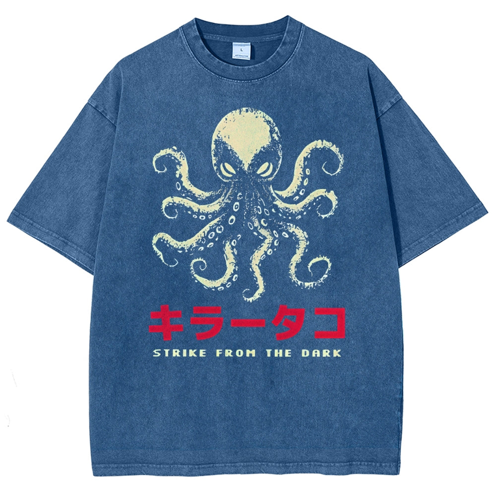 Unisex Japanese Octopus Printed Washed Tee