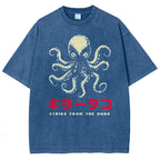 Unisex Japanese Octopus Printed Washed Tee