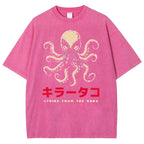 Unisex Japanese Octopus Printed Washed Tee