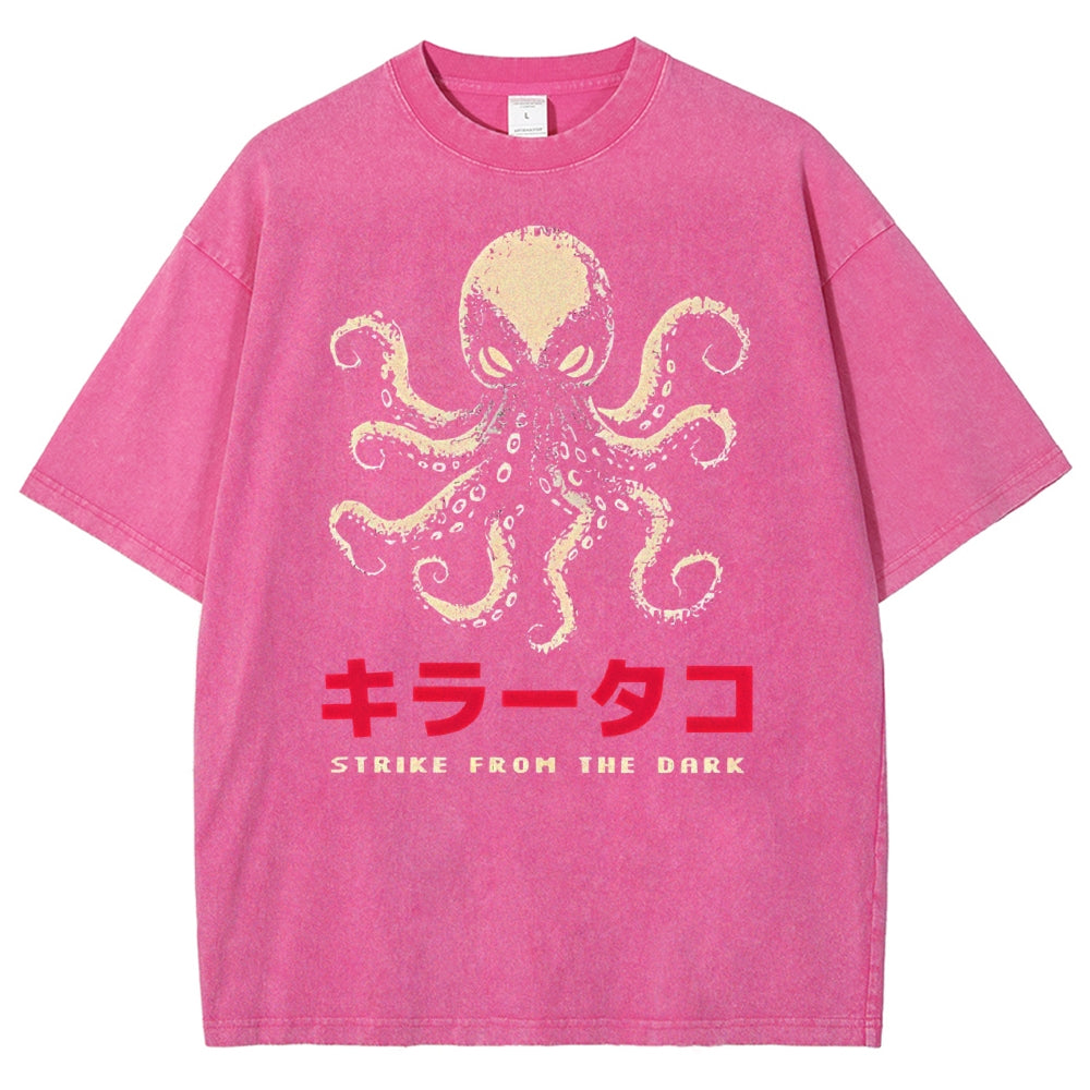 Unisex Japanese Octopus Printed Washed Tee