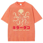 Unisex Japanese Octopus Printed Washed Tee