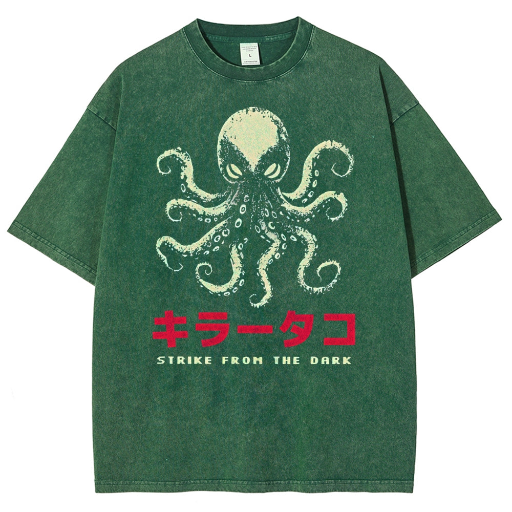 Unisex Japanese Octopus Printed Washed Tee