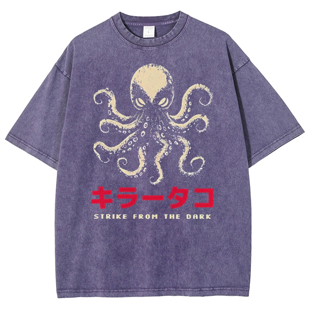 Unisex Japanese Octopus Printed Washed Tee