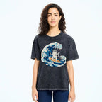 Unisex Wave Cat Printed Washed Tee