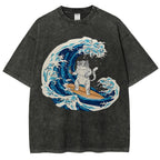 Unisex Wave Cat Printed Washed Tee