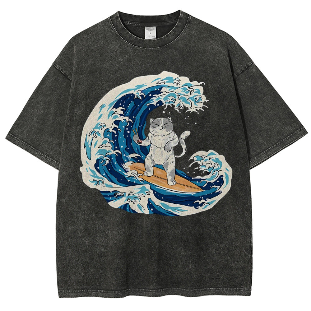 Unisex Wave Cat Printed Washed Tee