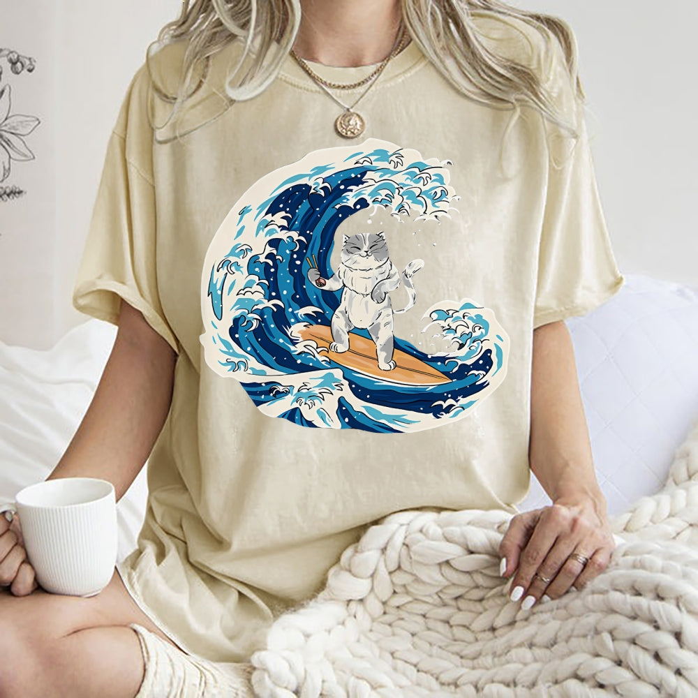 Unisex Wave Cat Printed Washed Tee