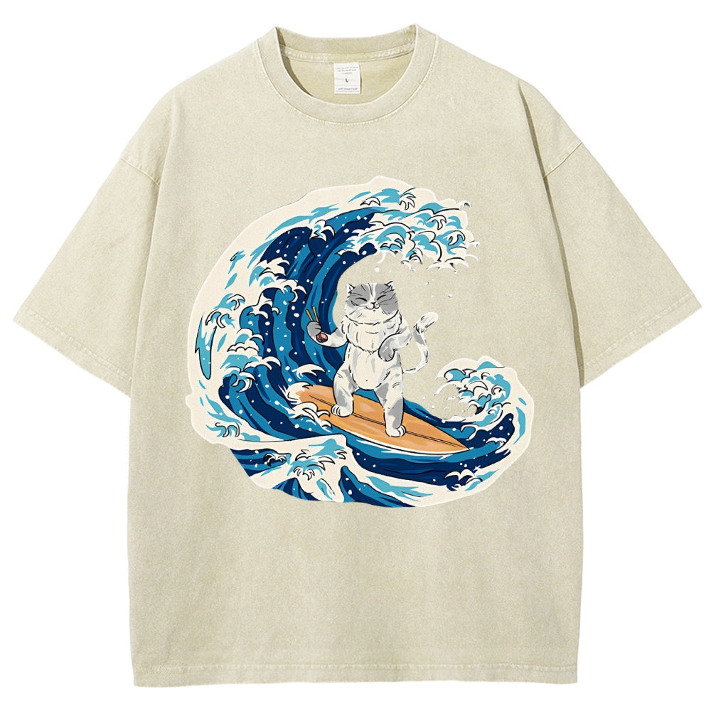 Unisex Wave Cat Printed Washed Tee