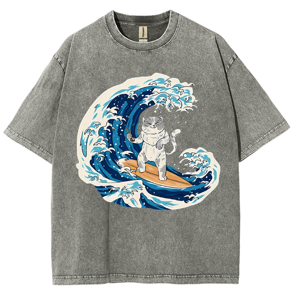 Unisex Wave Cat Printed Washed Tee