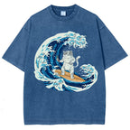 Unisex Wave Cat Printed Washed Tee