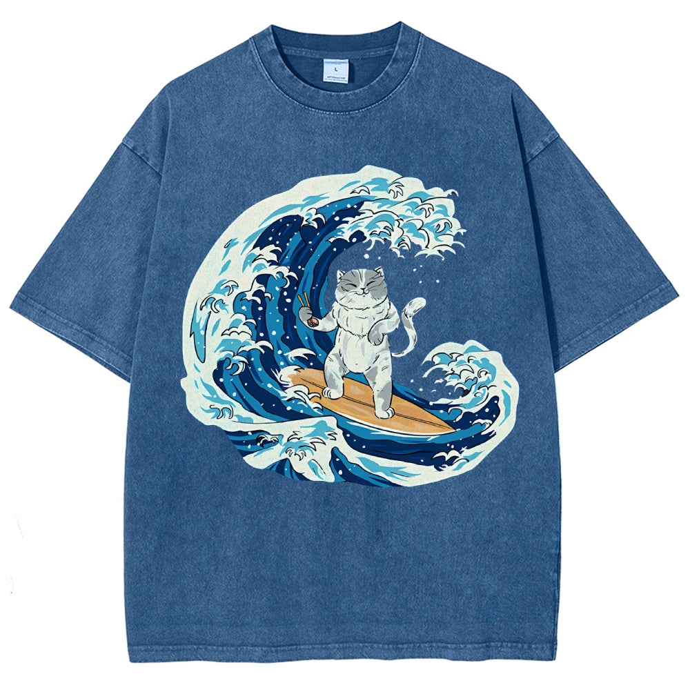 Unisex Wave Cat Printed Washed Tee