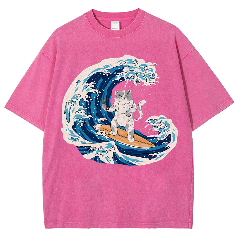 Unisex Wave Cat Printed Washed Tee