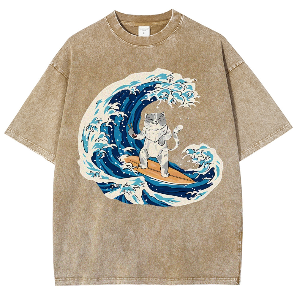 Unisex Wave Cat Printed Washed Tee