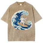 Unisex Wave Cat Printed Washed Tee