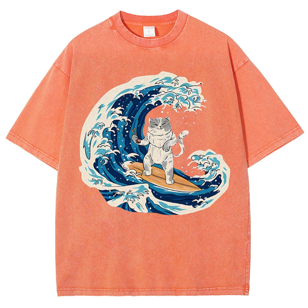 Unisex Wave Cat Printed Washed Tee