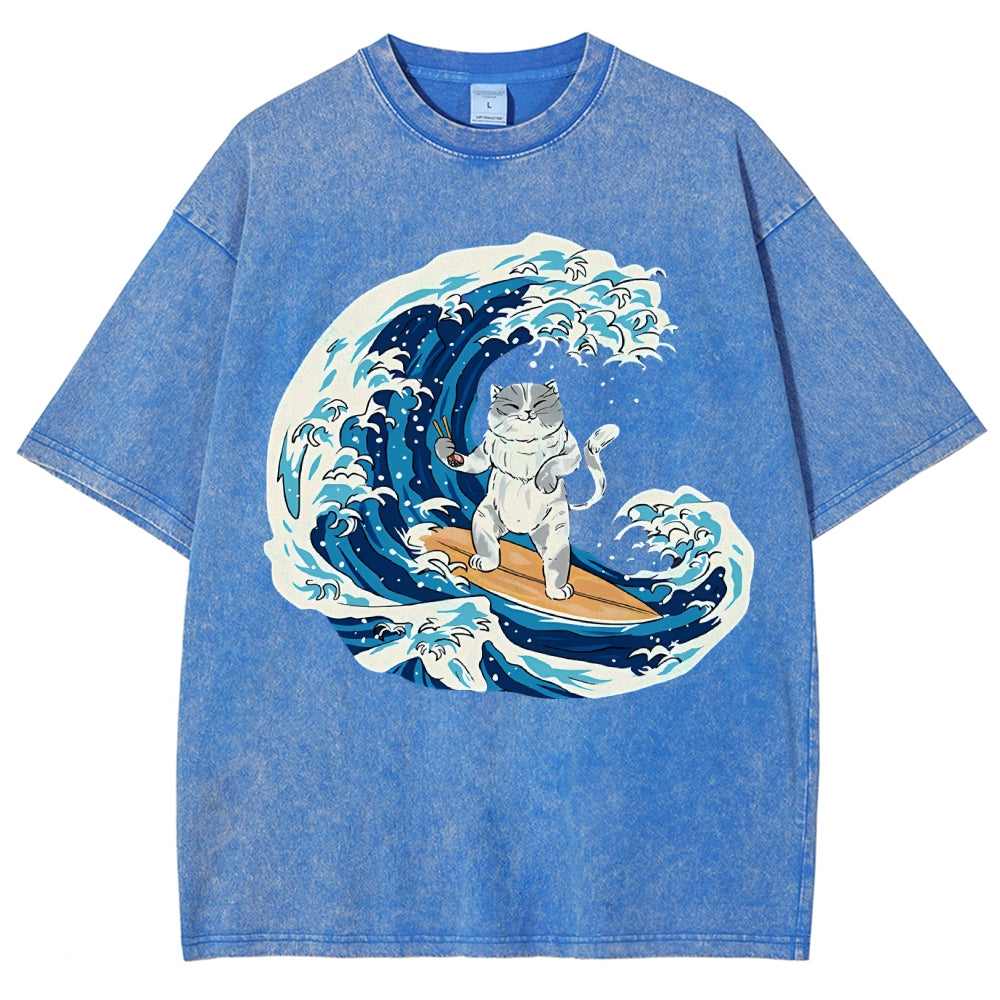 Unisex Wave Cat Printed Washed Tee