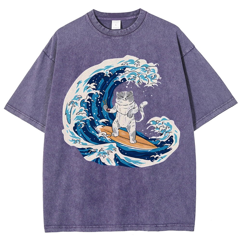Unisex Wave Cat Printed Washed Tee